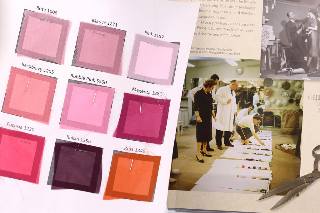 The image is a collage of various images, including color swatches and a photograph of people working with fabric.