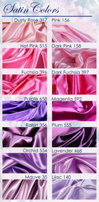a collection of twelve different satin fabric colors, each with a unique shade and texture. The colors include dusty rose, pink, hot pink, dark pink, fuchsia, purple, magenta, raisins, plum, orchids, lavender, and lilies. The image provides a visual representation of these colors, allowing viewers to easily identify and compare each one.