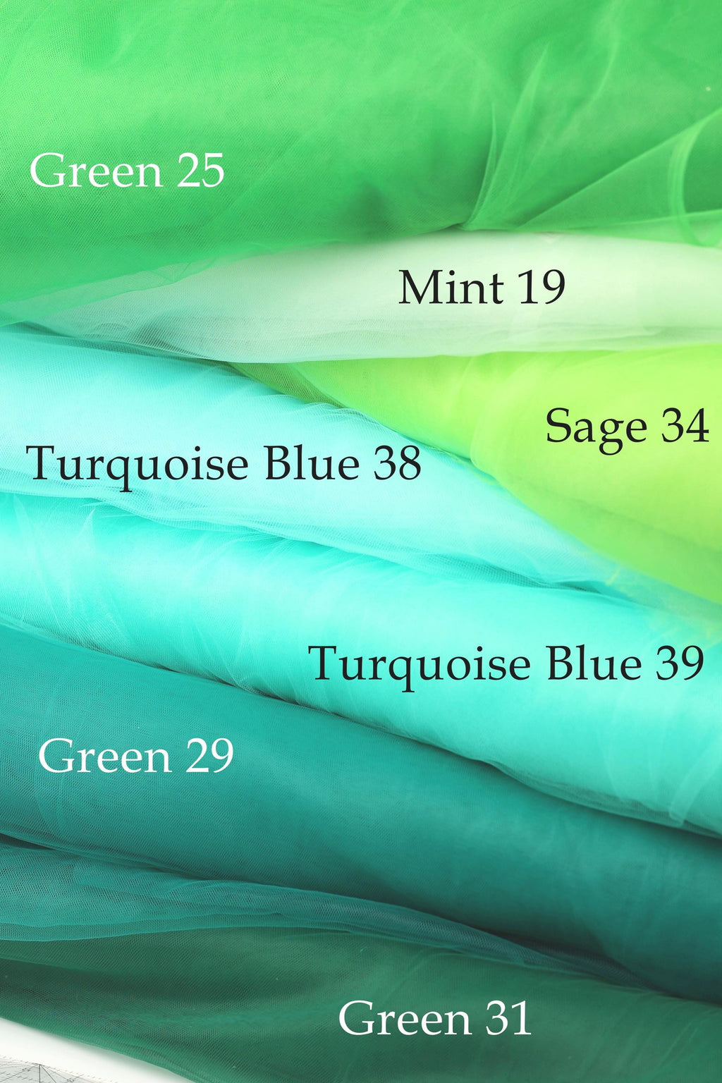 The image is a collage of fabric swatches in various shades of green, including turquoise, mint, and sage.