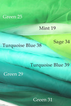 The image is a collage of fabric swatches in various shades of green, including turquoise, mint, and sage.