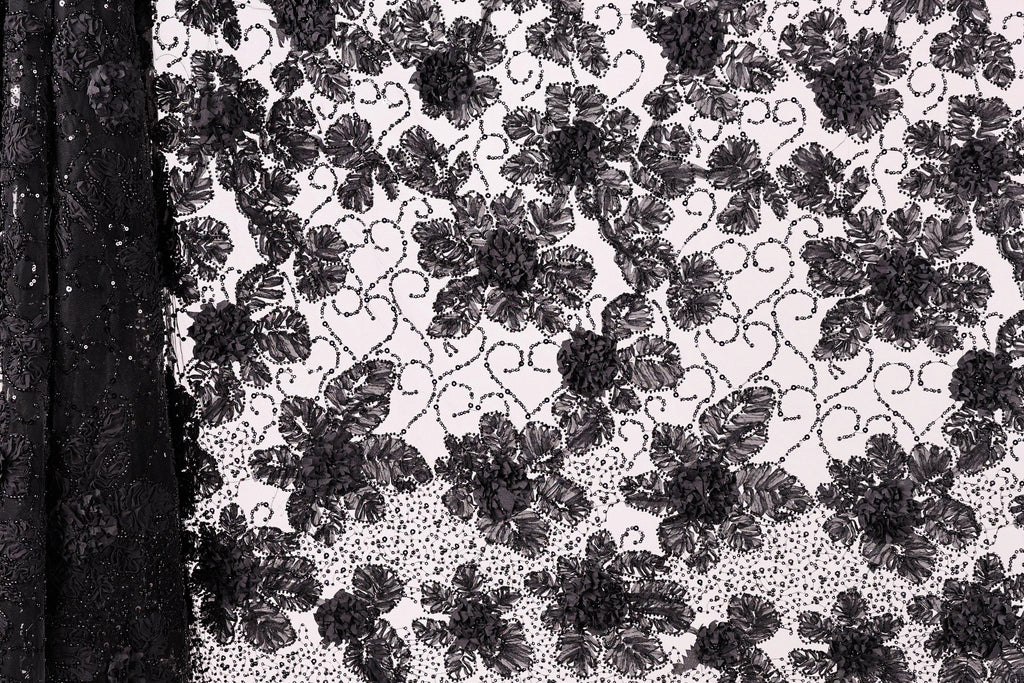 a close-up view of a black and white lace pattern with a floral design. The lace appears to be made of a delicate material, possibly silk or chiffon, and is adorned with numerous small black flowers or leaves. The pattern is intricate and detailed, showcasing the craftsmanship and artistry involved in creating this type of lace.