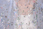 a close-up view of a delicate, intricately embroidered fabric with a floral pattern. The fabric appears to be a sheer material, with a white background that highlights the colorful floral designs. The image is a close-up of the fabric, focusing on the details of the embroidery and the overall texture of the material.