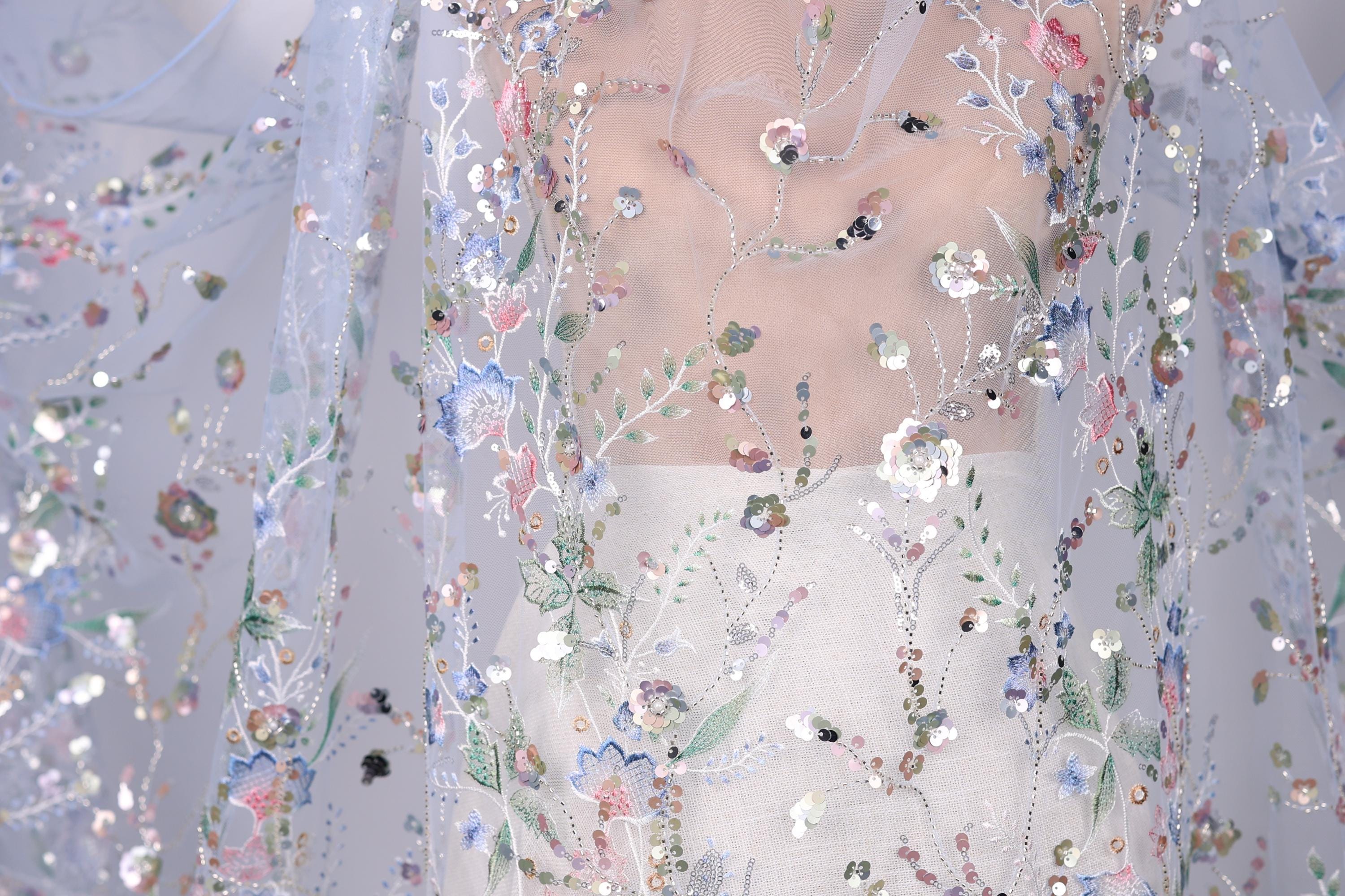 a close-up view of a delicate, intricately embroidered fabric with a floral pattern. The fabric appears to be a sheer material, with a white background that highlights the colorful floral designs. The image is a close-up of the fabric, focusing on the details of the embroidery and the overall texture of the material.