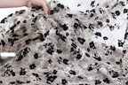 A hand is holding up a piece of fabric with a black and white floral pattern.