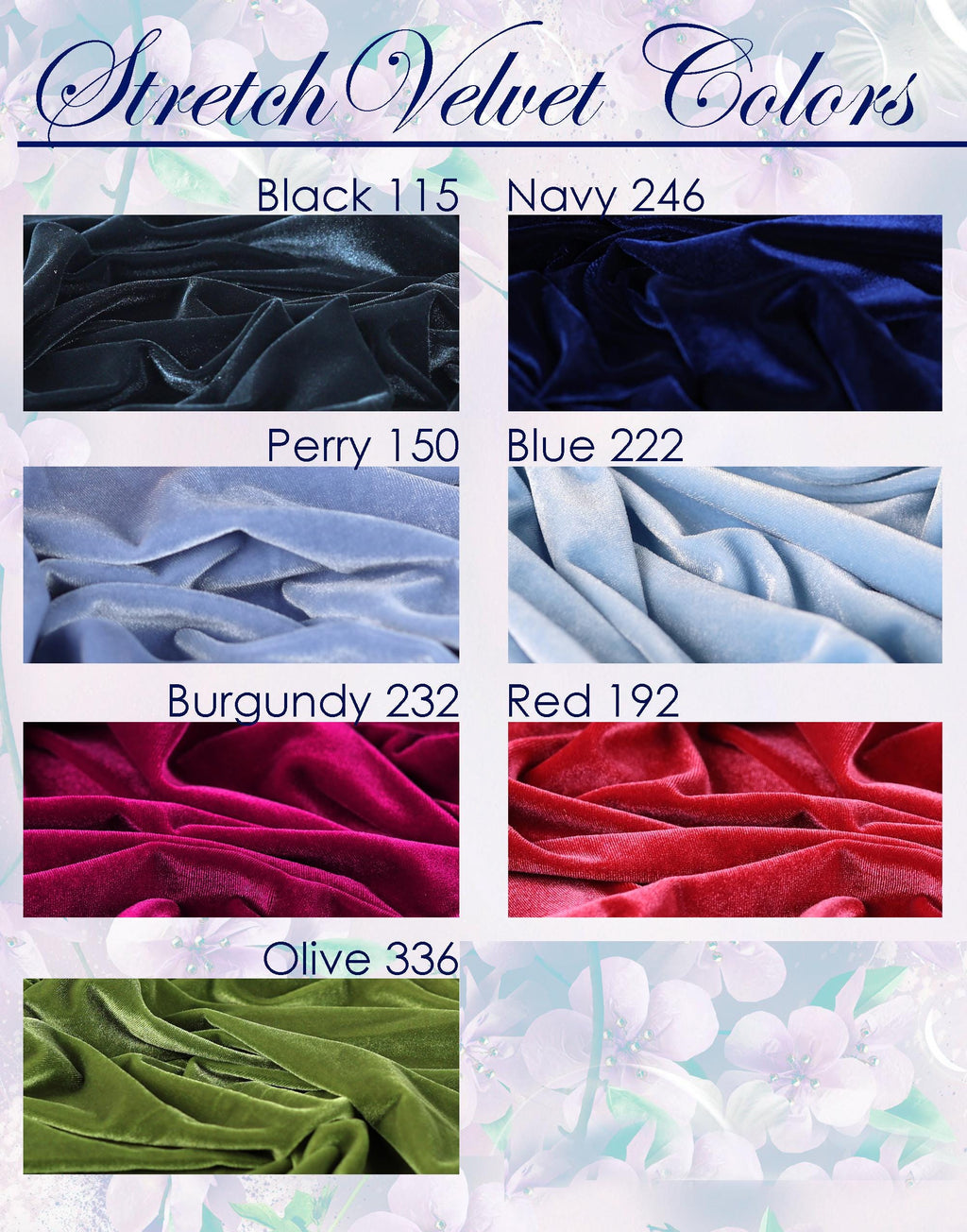 a collection of six different stretch velvet fabric colors, each with a unique pattern and hue. The colors include Black 115, Navy 246, Perry 150, Blue 222, Burgundy 232, and Red 192. The fabrics are arranged in a grid format, showcasing the variety of options available for textile design and fashion.
