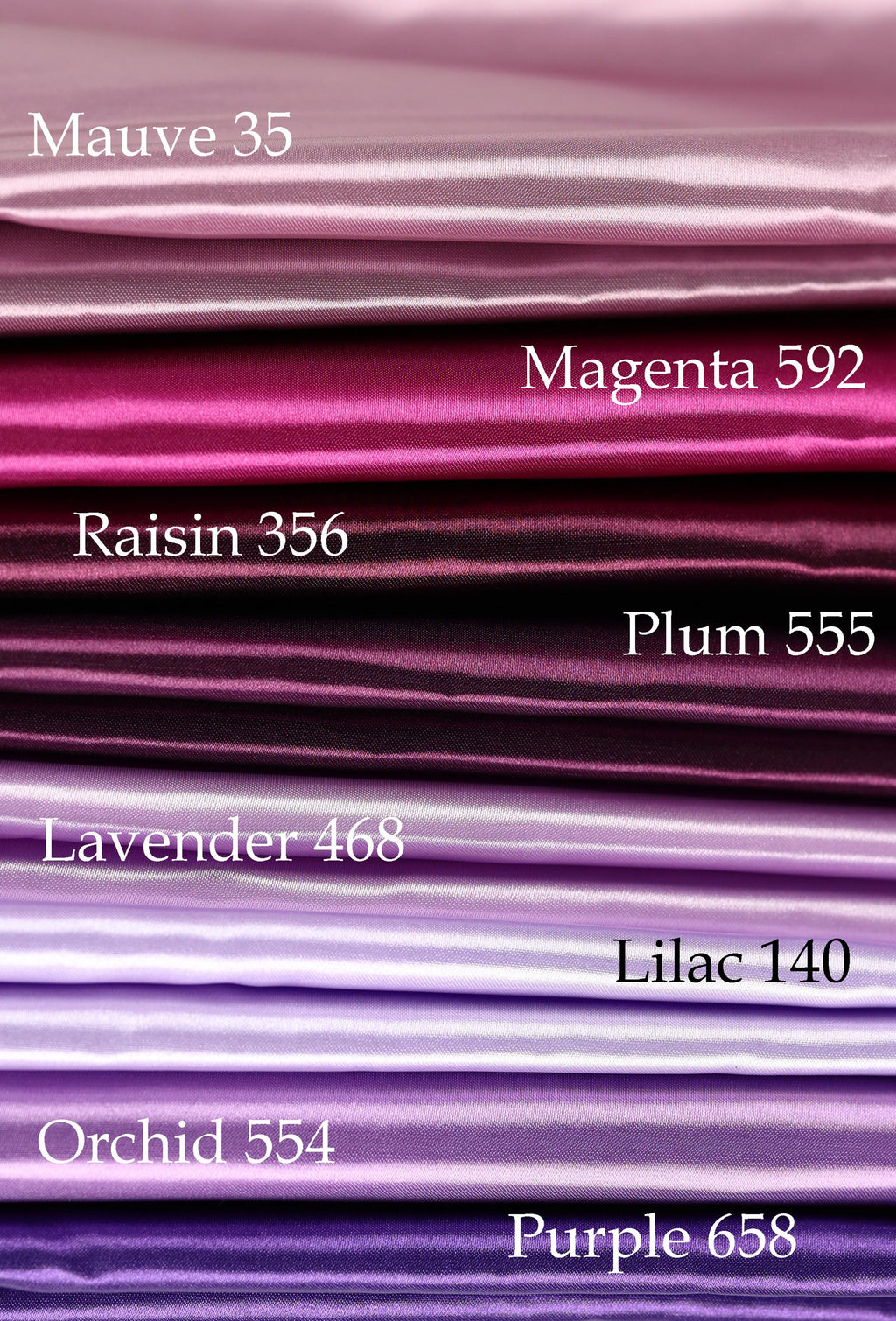 a collection of fabric swatches in various shades of purple, ranging from lavender to plum, with the names of the fabrics labeled below each swatch.