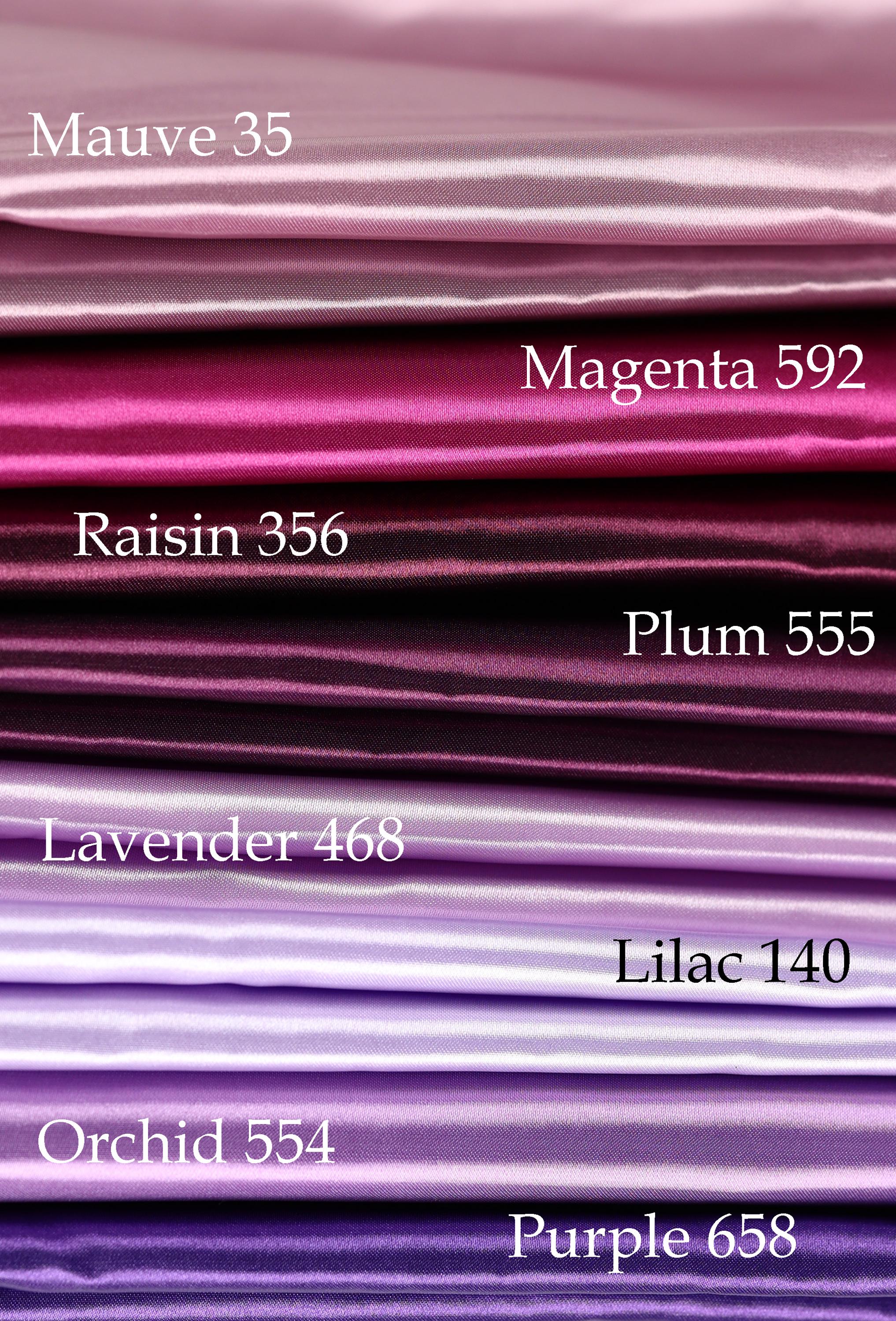 a collection of fabric swatches in various shades of purple, ranging from lavender to plum, with the names of the fabrics labeled below each swatch.