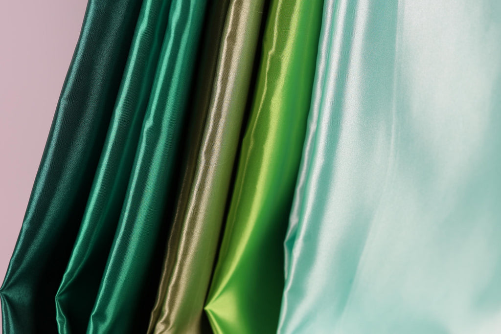 A close-up view of a collection of colorful satin fabric, with a focus on the vibrant green and gold hues.