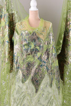 a green and silver dress with intricate embroidery and sequin details, creating a visually striking and elegant garment.