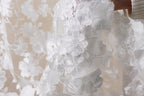 a close-up view of a delicate, white lace fabric with intricate floral patterns. The fabric appears to be a wedding dress or a similar elegant garment, with the lace and flowers creating a visually appealing and delicate design.