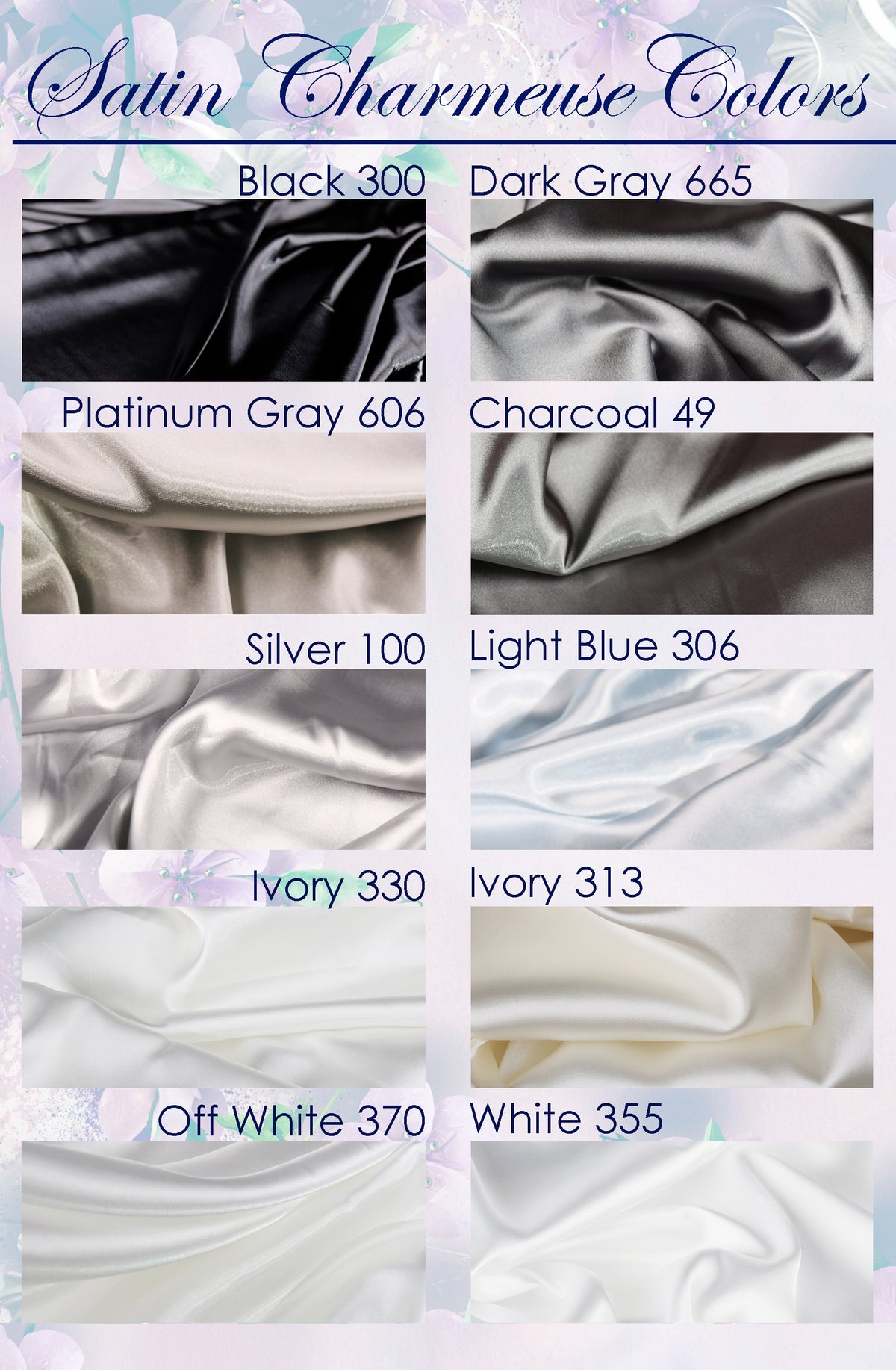 a collection of various satin fabrics in different colors, including black, dark gray, charcoal, silver, light blue, ivory, and off-white.