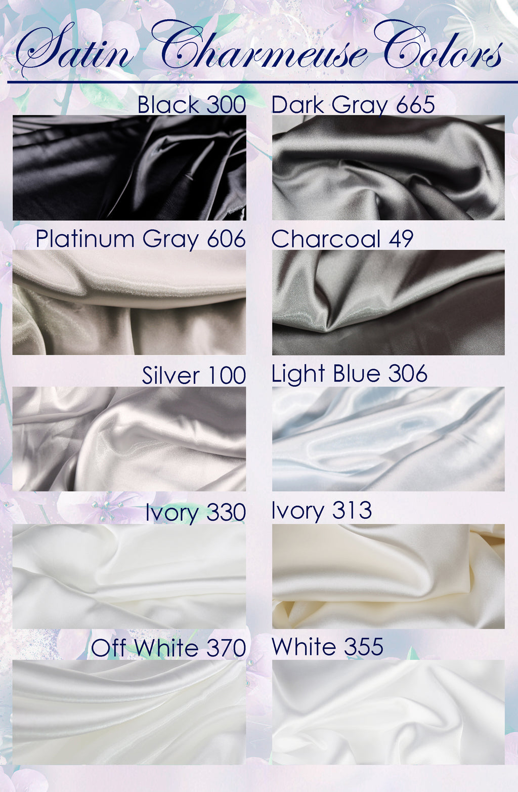 a collection of various satin fabrics in different colors, including black, dark gray, charcoal, silver, light blue, ivory, and off-white.
