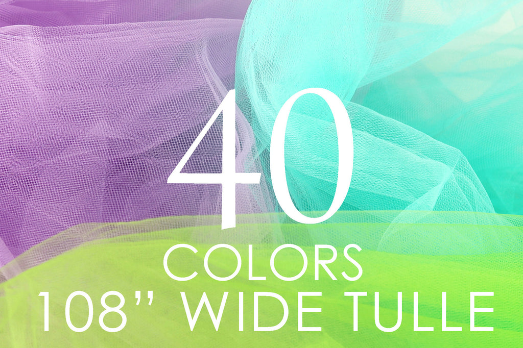 The image is a collage of various colorful tulle fabrics, with the text "40 COLORS 108" and "WIDE TULLE" displayed prominently.