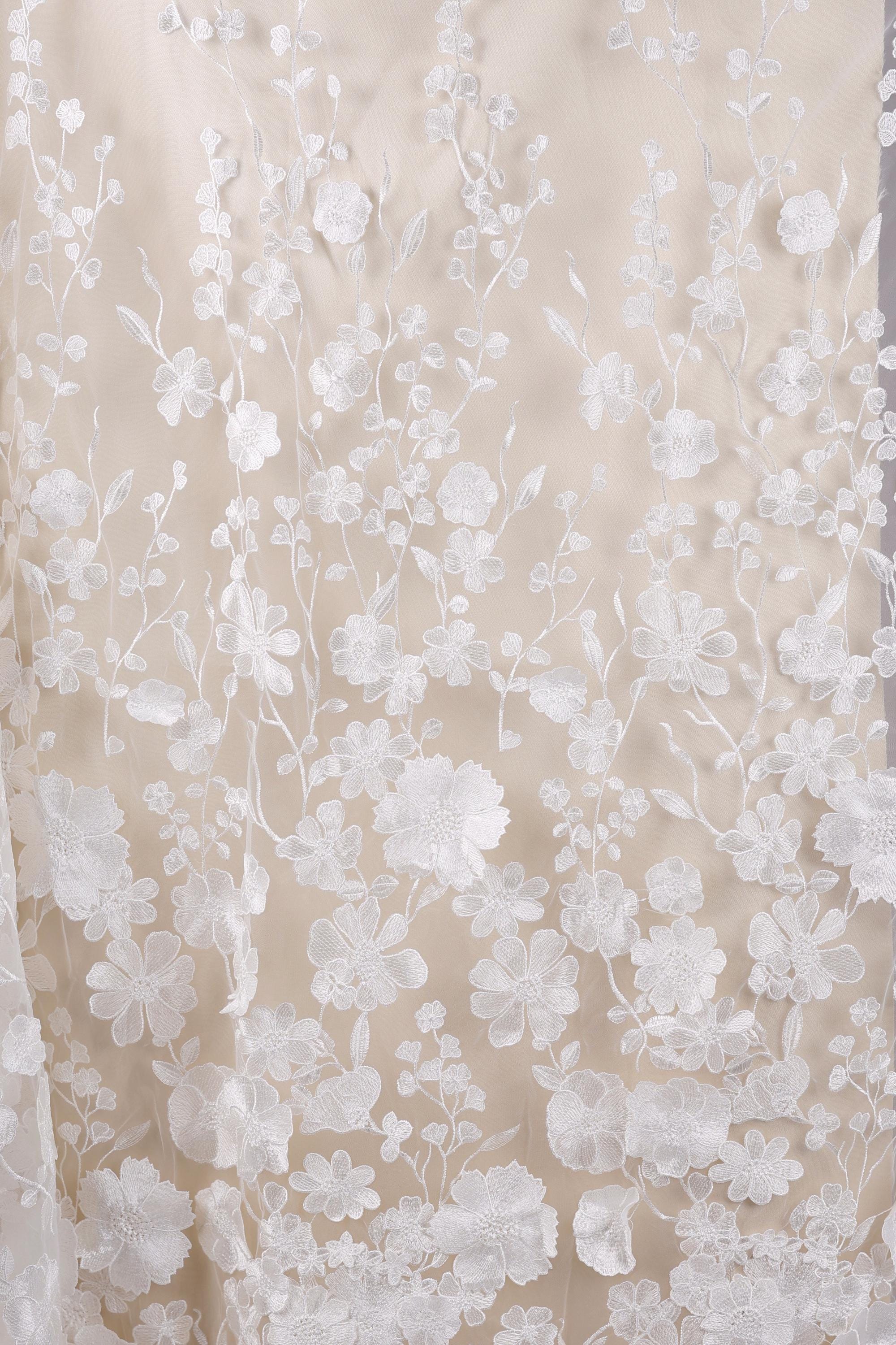 a close-up view of a delicate, white lace fabric with a floral pattern. The lace appears to be made of a soft, delicate material, possibly silk or chiffon, and is adorned with numerous small white flowers and leaves, creating a beautiful and intricate design. The fabric is spread out, allowing for a clear view of its texture and pattern.