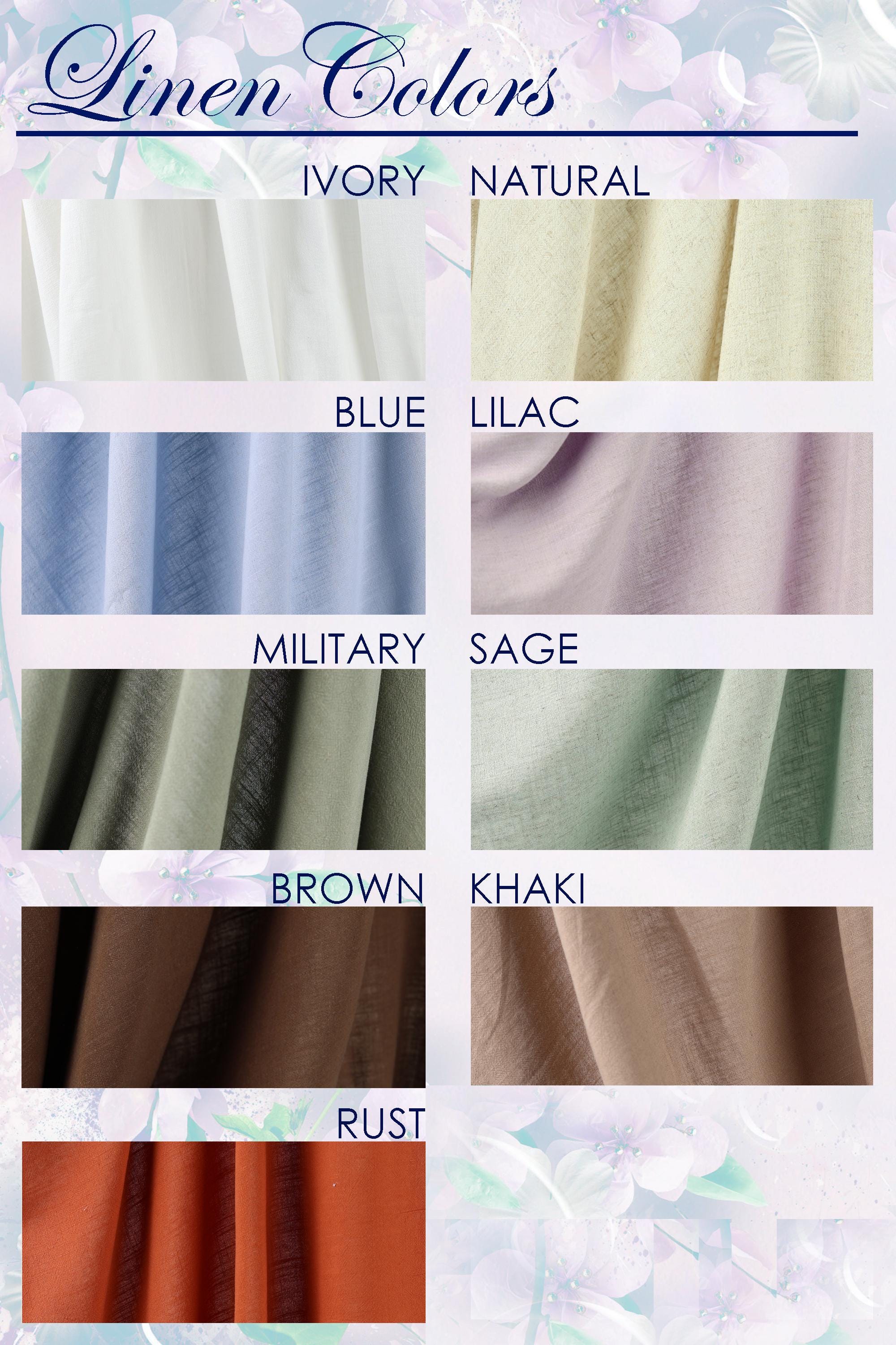 a collection of fabric swatches in various colors, including Ivory, Natural, Blue, Lilac, Military, Sage, Brown, Khaki, and Rust.