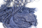 a close-up view of a piece of blue fabric with a sparkling, sequined texture.