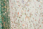 a close-up view of a fabric with a floral pattern, including various shades of pink, green, and white flowers and leaves. The fabric appears to be made of a sheer material, giving it a delicate and airy appearance. The intricate details and vibrant colors of the floral design create a visually appealing and eye-catching pattern.