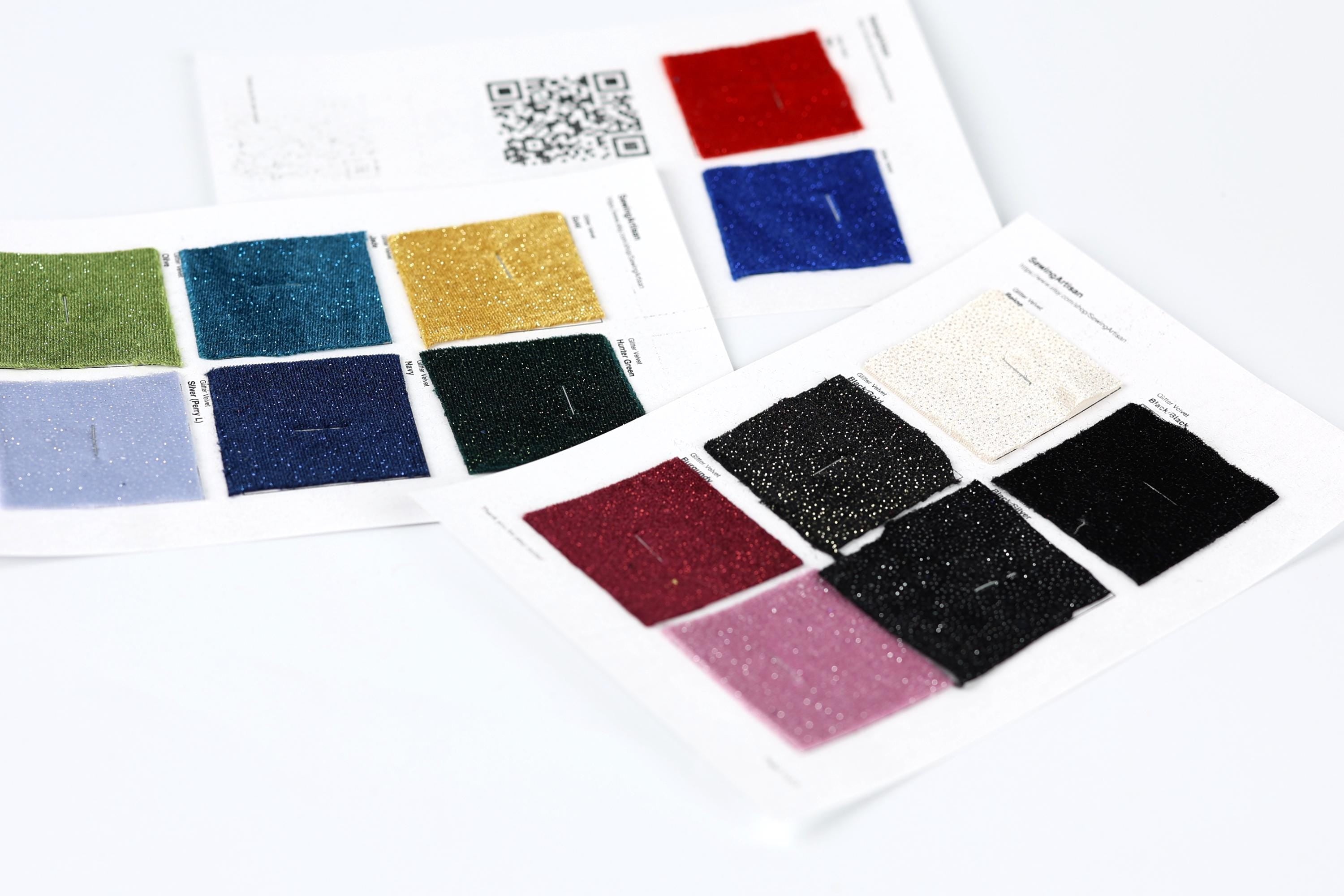 a collection of fabric swatches with various colors and patterns, including glittery, solid, and solid colors.