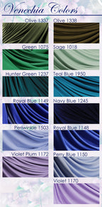a collection of fabric swatches in various colors, including olive, green, blue, and purple.