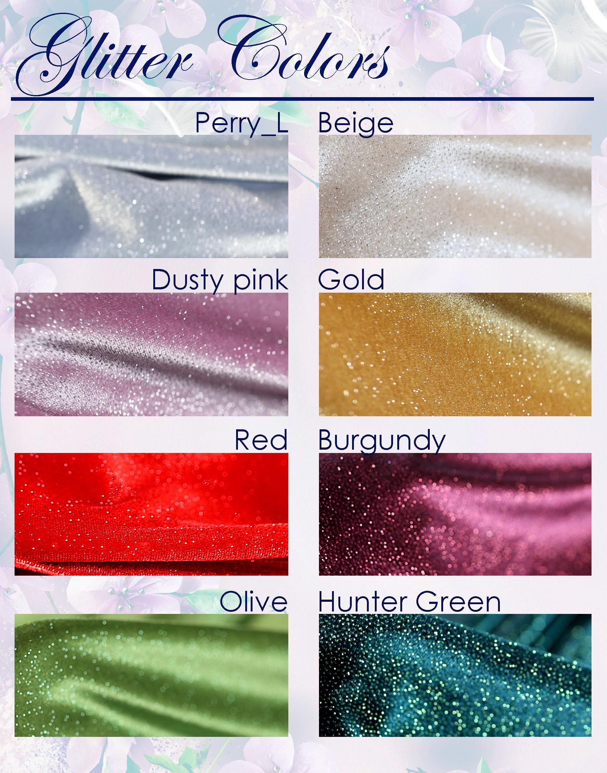 a collection of fabric swatches with various glitter colors, including silver, gold, red, burgundy, olive, and hunter green.