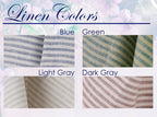 four different fabric swatches, each with a different color: blue, green, light gray, and dark gray.