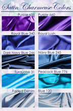 a collection of various satin fabrics in different colors, including Purple 658, Purple 660, Royal Blue 340, Royal Lush, Dark Navy Blue 246, Navy Blue 245, Turquoise 31, Peacock Blue 776, and Faded Denim Blue 120.