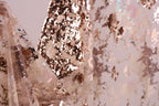 a close-up view of a fabric with a metallic, sequined texture. The fabric appears to be a sheer material, with a pattern of small sequins and beads that create a shimmering effect. The background of the image is blurred, drawing focus to the fabric and its intricate details.