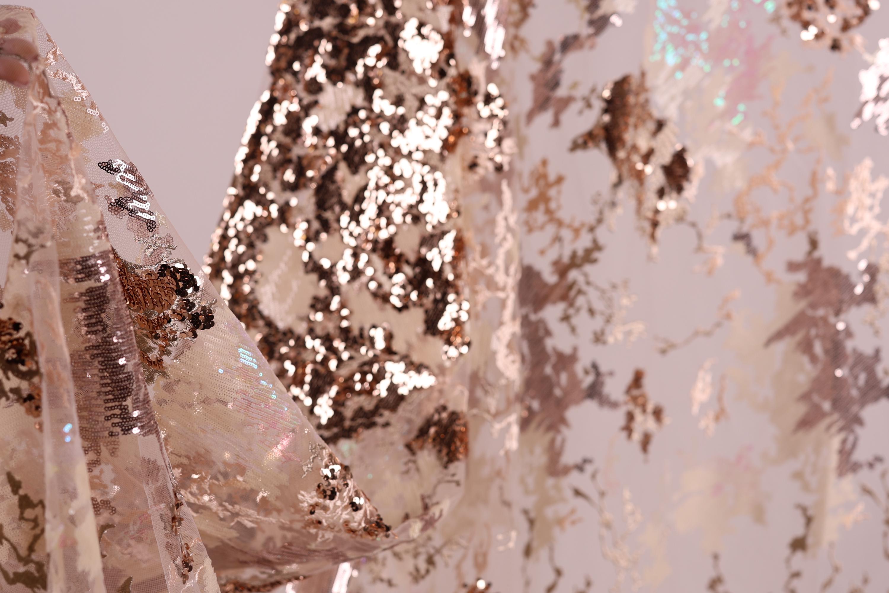 a close-up view of a fabric with a metallic, sequined texture. The fabric appears to be a sheer material, with a pattern of small sequins and beads that create a shimmering effect. The background of the image is blurred, drawing focus to the fabric and its intricate details.