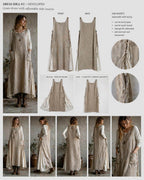 The image is a collage of various views of a long, beige dress with adjustable side inserts. The dress has a linen-like texture and features pockets on the sides. The collage includes close-up and full-body shots of the dress, showcasing its design and fit.