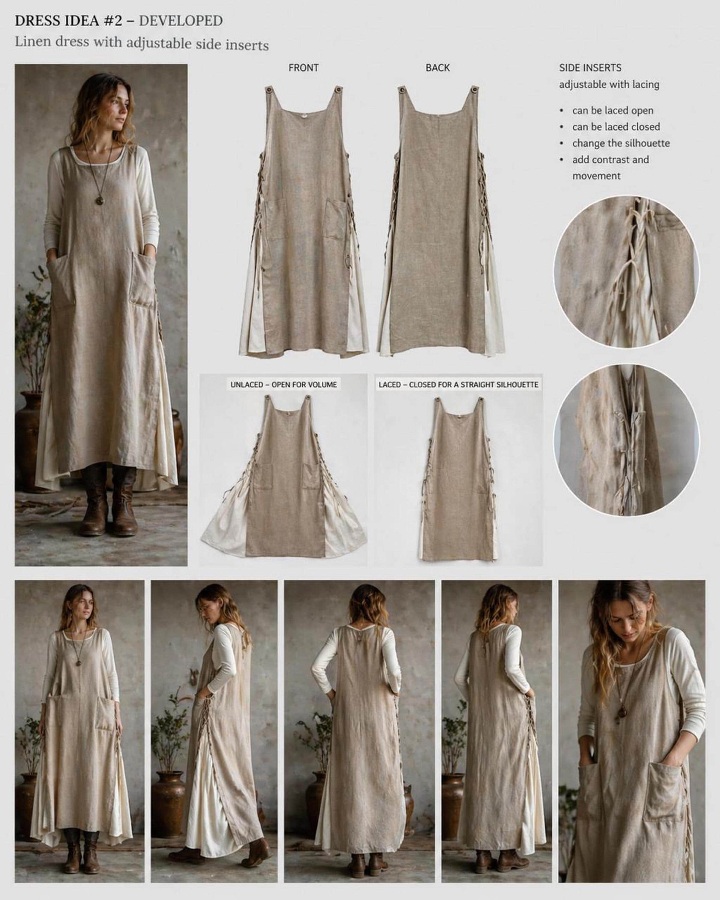 The image is a collage of various views of a long, beige dress with adjustable side inserts. The dress has a linen-like texture and features pockets on the sides. The collage includes close-up and full-body shots of the dress, showcasing its design and fit.
