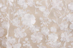 a close-up view of a delicate, white lace fabric with a floral pattern. The lace appears to be made of a soft, delicate material, and the intricate design of the flowers and leaves creates a visually appealing and elegant appearance.