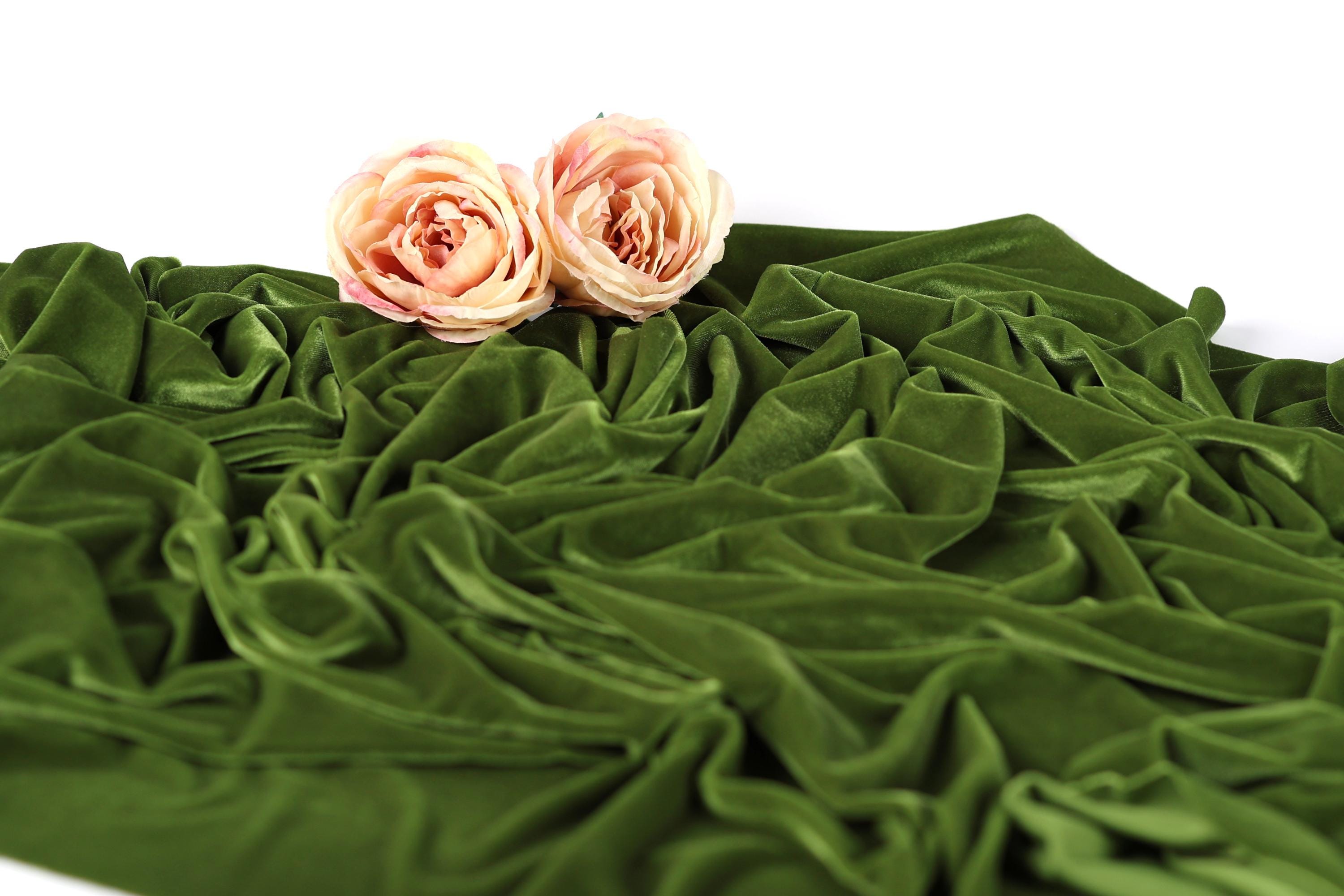 Two pink roses resting on a crumpled, green velvet fabric.