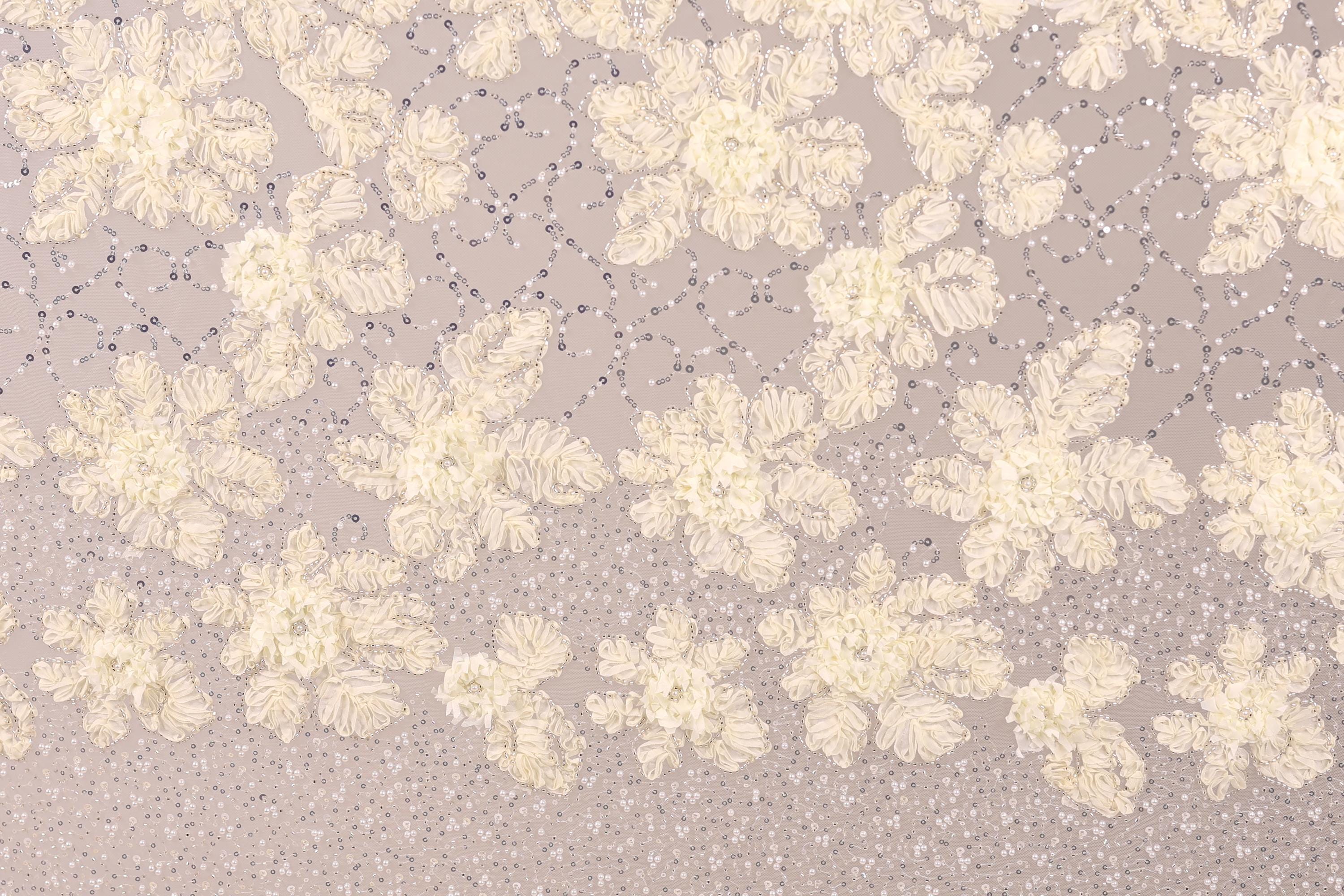 a close-up view of a fabric with a floral pattern. The fabric appears to be made of a light-colored material, possibly lace or a similar type of material. The pattern consists of numerous small white flowers or leaves scattered across the fabric, creating a visually appealing and intricate design. The image does not contain any text or other discernible objects, and the focus is solely on the floral pattern on the fabric.