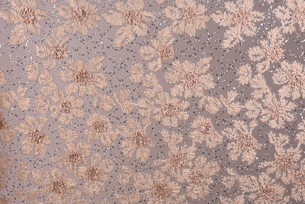 a close-up view of a fabric with a floral pattern. The fabric appears to be a light pink color, with a repeating pattern of small flowers or leaves. The pattern is intricate and detailed, creating a visually appealing texture. The image does not contain any text or other discernible objects, and the focus is solely on the floral pattern on the fabric.