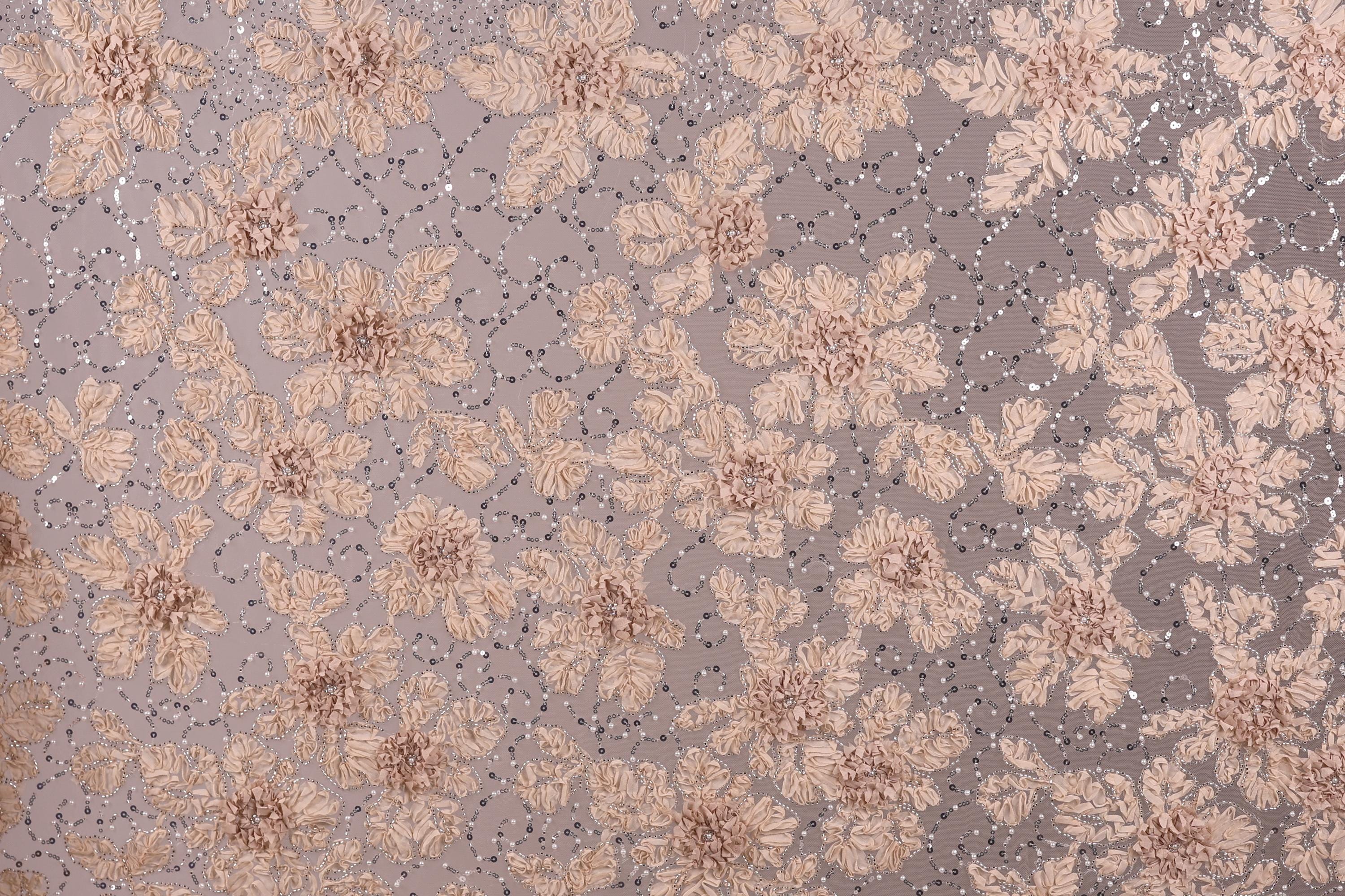 a close-up view of a fabric with a floral pattern. The fabric appears to be a light pink color, with a repeating pattern of small flowers or leaves. The pattern is intricate and detailed, creating a visually appealing texture. The image does not contain any text or other discernible objects, and the focus is solely on the floral pattern on the fabric.