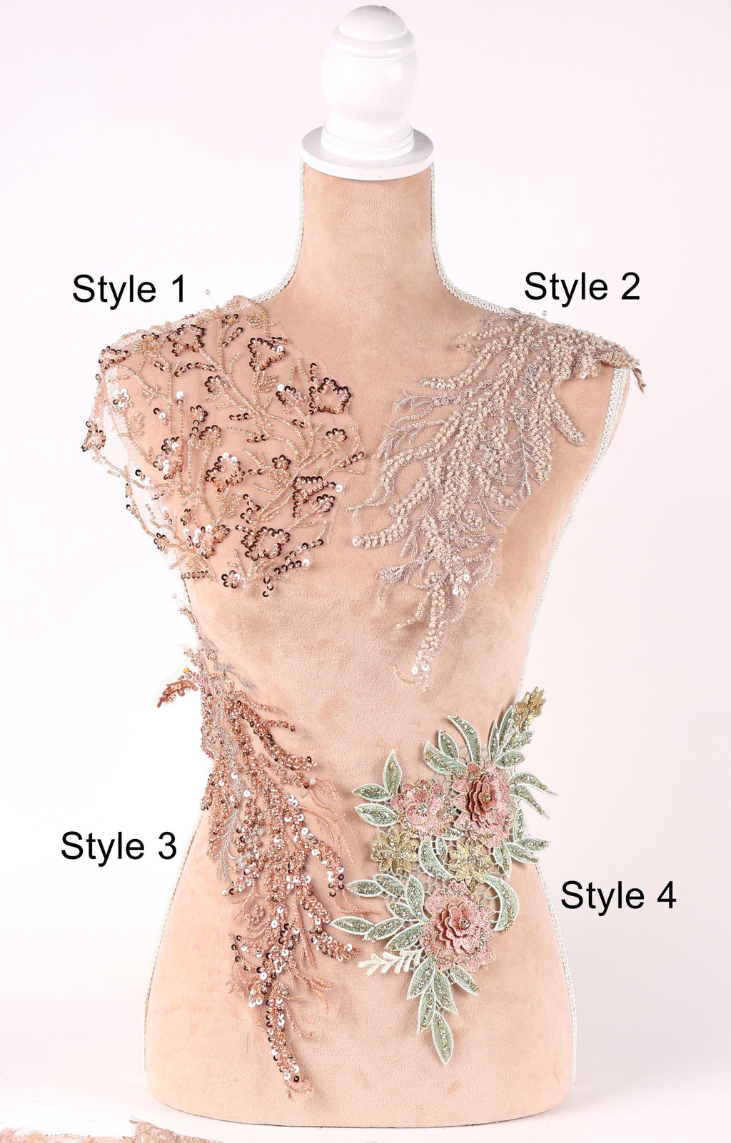 A mannequin with various decorative elements on its bust, including floral lace, sequin lace, and floral embroidery.