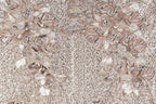 a detailed and intricate floral pattern with various shades of brown and beige, accented by small white dots. The pattern appears to be a collage of multiple images, creating a visually striking and textured composition.