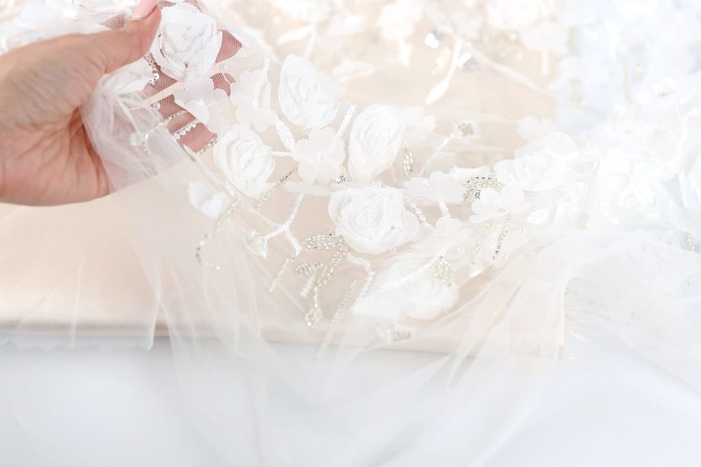 A hand is holding a piece of white lace with delicate floral embroidery.