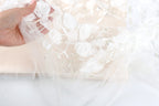 A hand is holding a piece of white lace with delicate floral embroidery.