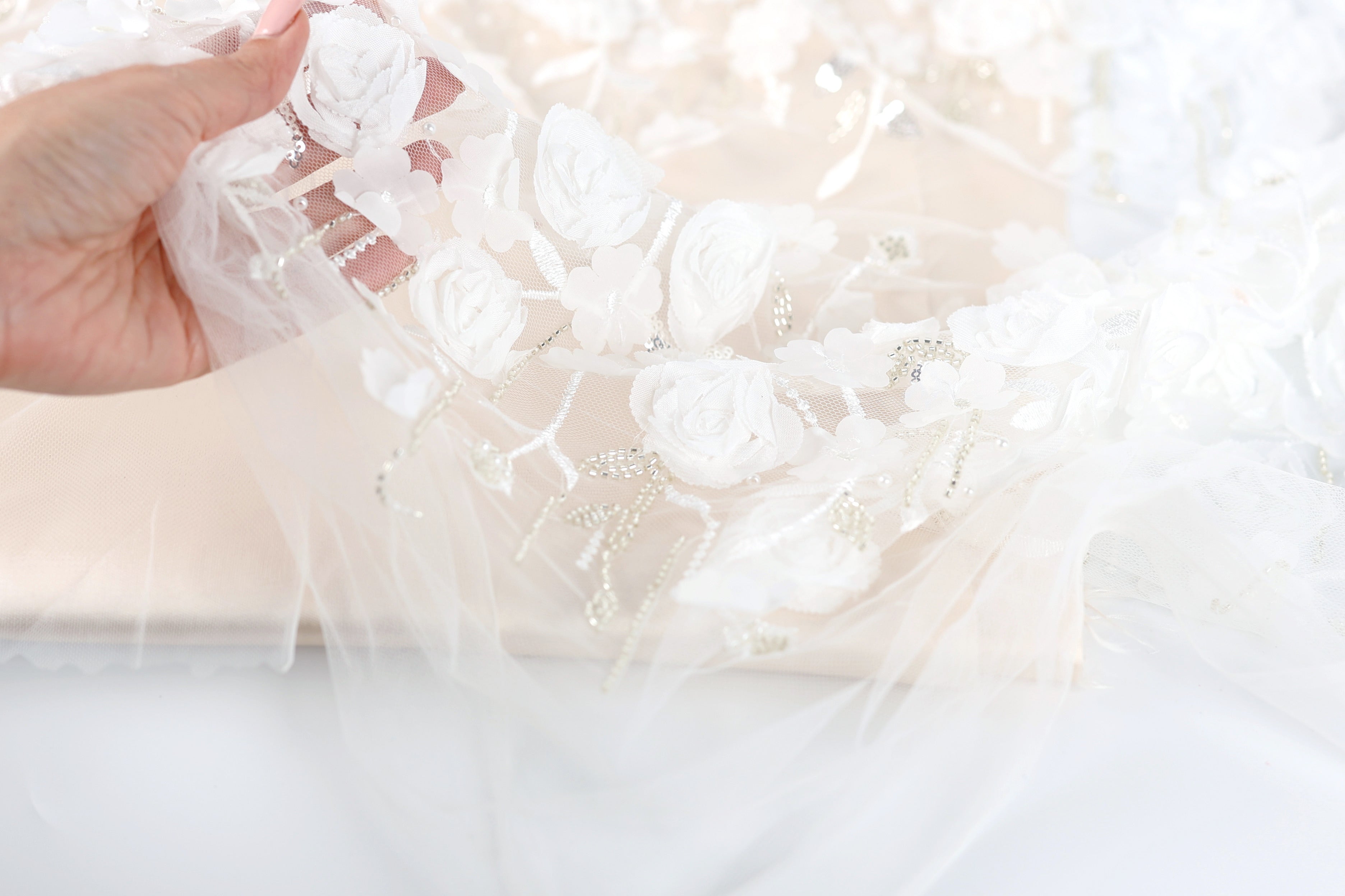 A hand is holding a piece of white lace with delicate floral embroidery.