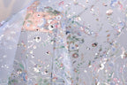 a close-up view of a delicate, intricately embroidered fabric with a floral pattern. The fabric appears to be made of sheer material, allowing the colorful flowers and leaves to be clearly visible. The background is a light blue color, which complements the vibrant colors of the embroidered design. The image does not contain any text or other discernible objects, and the focus is solely on the detailed embroidered pattern.