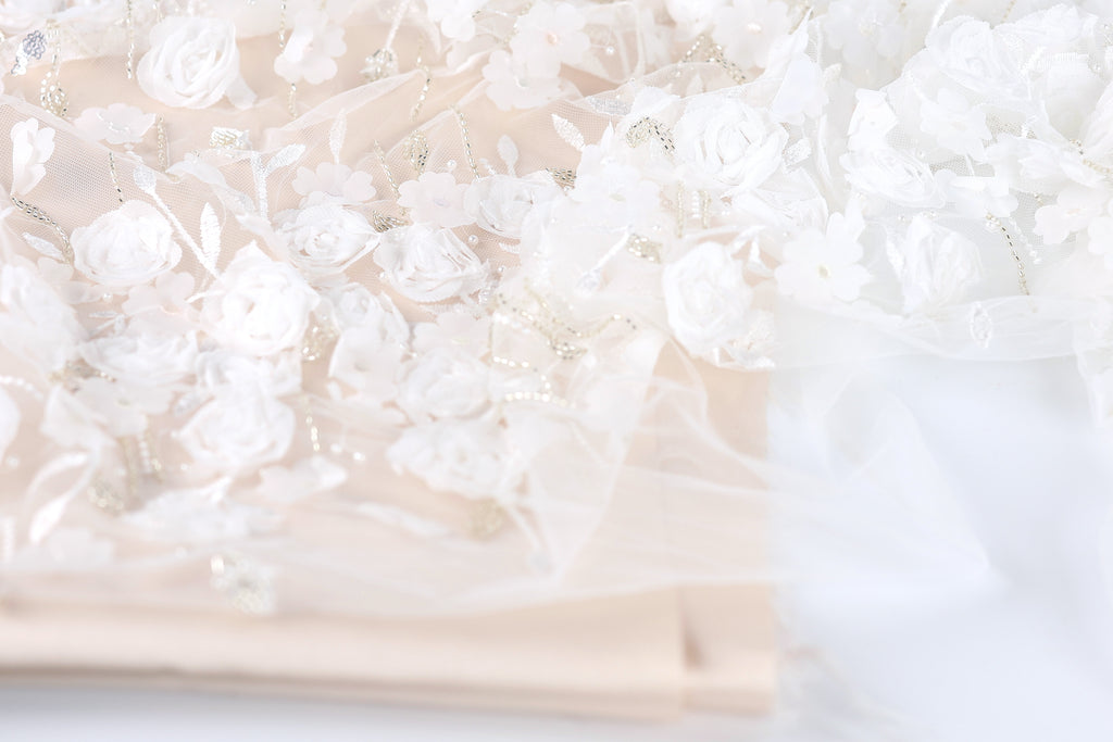 The image is a close-up of a delicate, white lace fabric with intricate floral embroidery. The fabric appears to be a light pink color, and the flowers are arranged in a way that creates a sense of depth and texture. The image does not contain any discernible objects or actions, and the focus is solely on the lace fabric and its floral design.