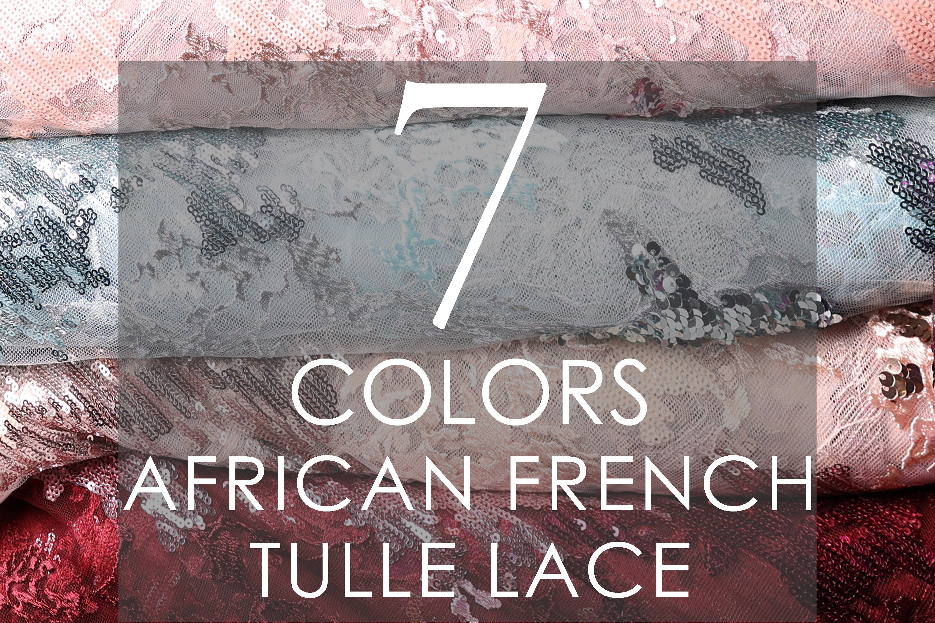 a variety of African French tulle lace in different colors, including pink, blue, and red.