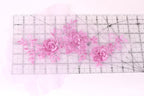 three pink flowers with leaves on a transparent ruler.