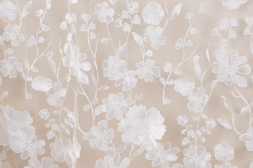 a close-up view of a delicate, white lace fabric with intricate floral patterns. The lace appears to be made of a soft, translucent material, giving it a delicate and elegant appearance. The floral designs are arranged in a repeating pattern, creating a visually appealing and harmonious design.