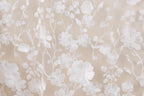 a close-up view of a delicate, white lace fabric with intricate floral patterns. The lace appears to be made of a soft, translucent material, giving it a delicate and elegant appearance. The floral designs are arranged in a repeating pattern, creating a visually appealing and harmonious design.