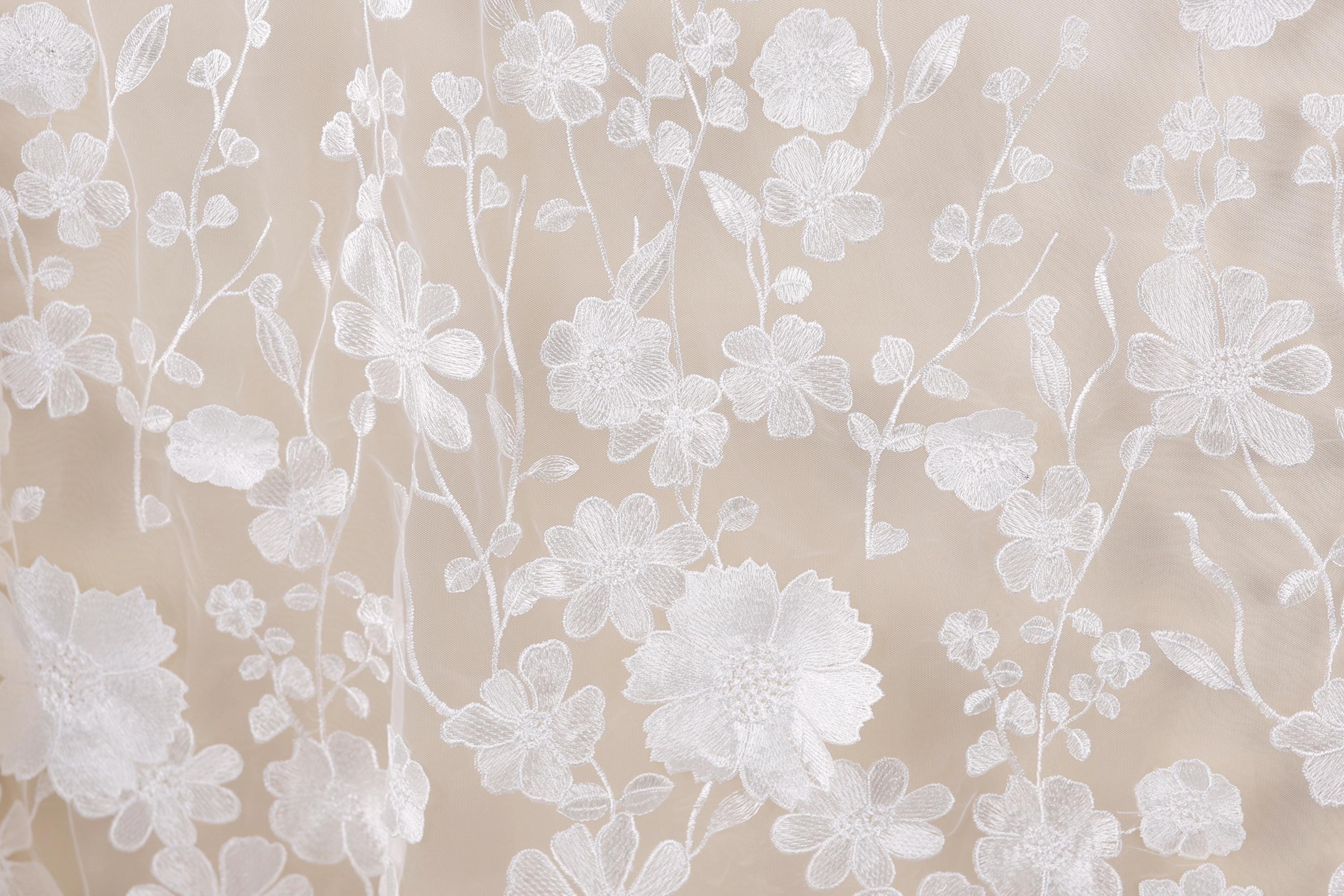 a close-up view of a delicate, white lace fabric with intricate floral patterns. The lace appears to be made of a soft, translucent material, giving it a delicate and elegant appearance. The floral designs are arranged in a repeating pattern, creating a visually appealing and harmonious design.