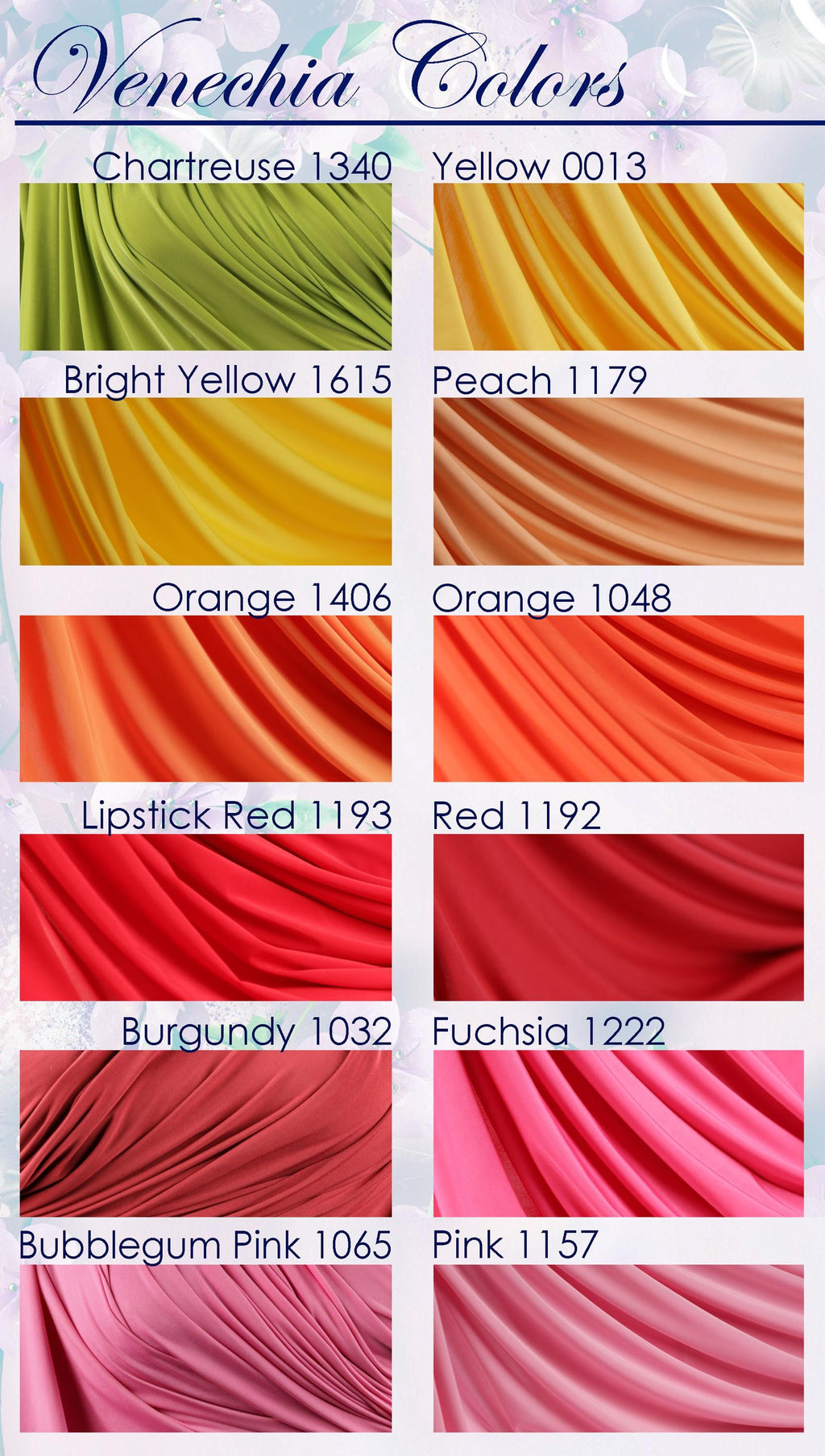 a collection of fabric swatches in various colors, including Chartreuse, Bright Yellow, Peach, Orange, Lipstick Red, Burgundy, Fuchsia, Bubblegum Pink, and Pink.