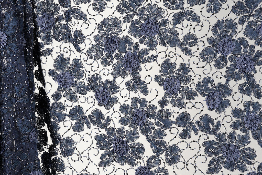 a close-up view of a fabric with a floral pattern in shades of blue and white. The fabric appears to be a lace or a similar type of textile, with a repeating floral design that creates a visually striking pattern.