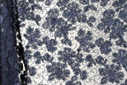 a close-up view of a fabric with a floral pattern in shades of blue and white. The fabric appears to be a lace or a similar type of textile, with a repeating floral design that creates a visually striking pattern.